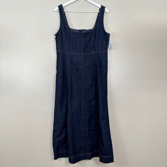 Old Navy Women's M Denim Midi Dress Dark Wash Sleeveless Square Neck Preppy NEW - Picture 2 of 12